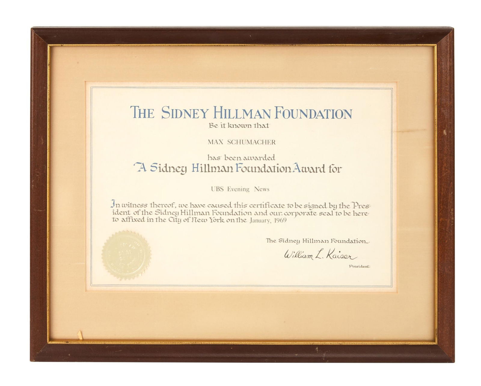 Paddy Chayefsky | Framed "Network" Prop Certificate Awarded to Max Schumacher: A mock certificate reading "... Max Schumacher / has been awarded / A Sidney Hillman Foundation Award for / UBS Evening News...," printed in blue and black ink, with embossed gold seal, matt