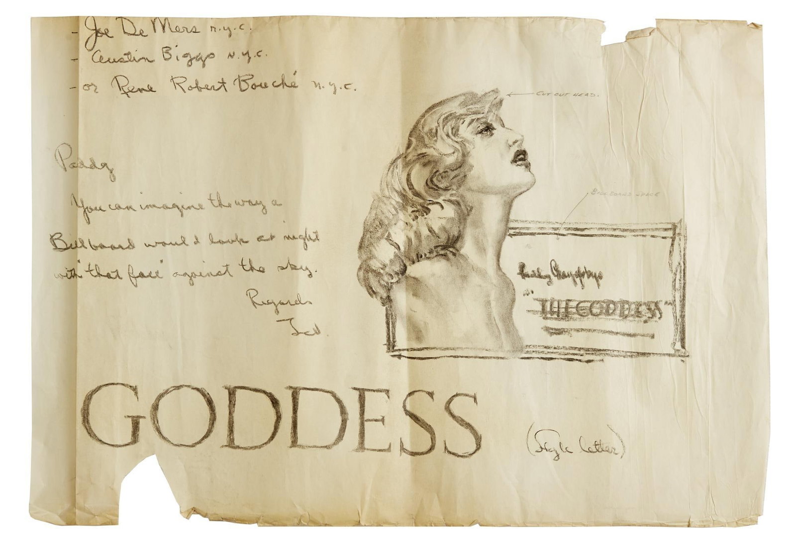 Paddy Chayefsky | "The Goddess" Original Billboard Concept Art: Original pencil on paper billboard concept art for the film The Goddess (Columbia Pictures, 1958), written by Paddy Chayefsky. The billboard features an image of Kim Stanley and is annotated