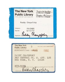 Paddy Chayefsky | Two Signed New York Public Library Cards