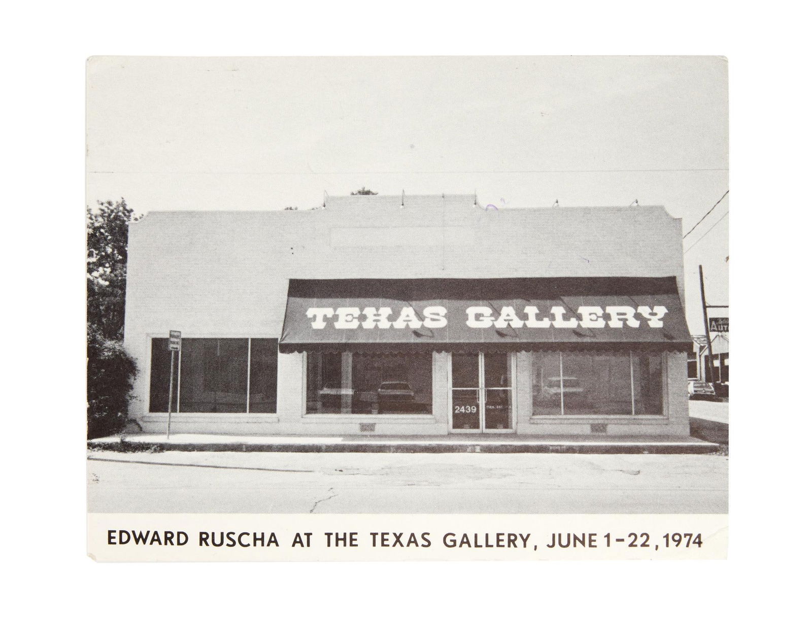 Dennis Hopper | 1974 Received Notice About an Edward Ruscha Exhibit: A small postcard; featuring a black and white image on one side with text below reading "Edward Ruscha at the Texas Gallery, June 1-22, 1974"; the other side hand-addressed to Hopper in Taos