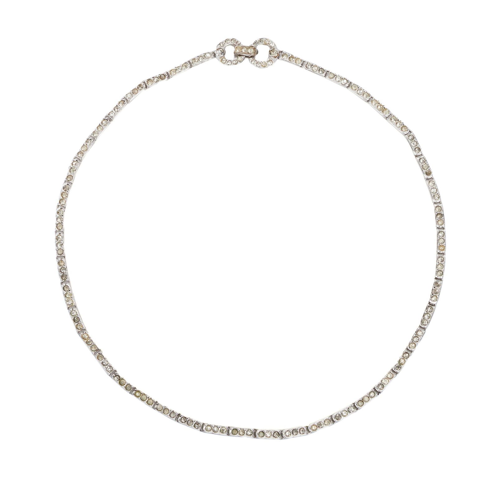 Marilyn Monroe | 1950s Rhinestone Choker: A delicate piece made of silver-tone metal; with two circular end clasps, back marked "Trifari"; this necklace was part of Marilyn's personal property that was famously inherited by her
