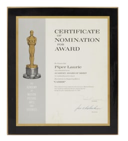 Piper Laurie | 1976 "Carrie" Academy Award Nomination Certificate