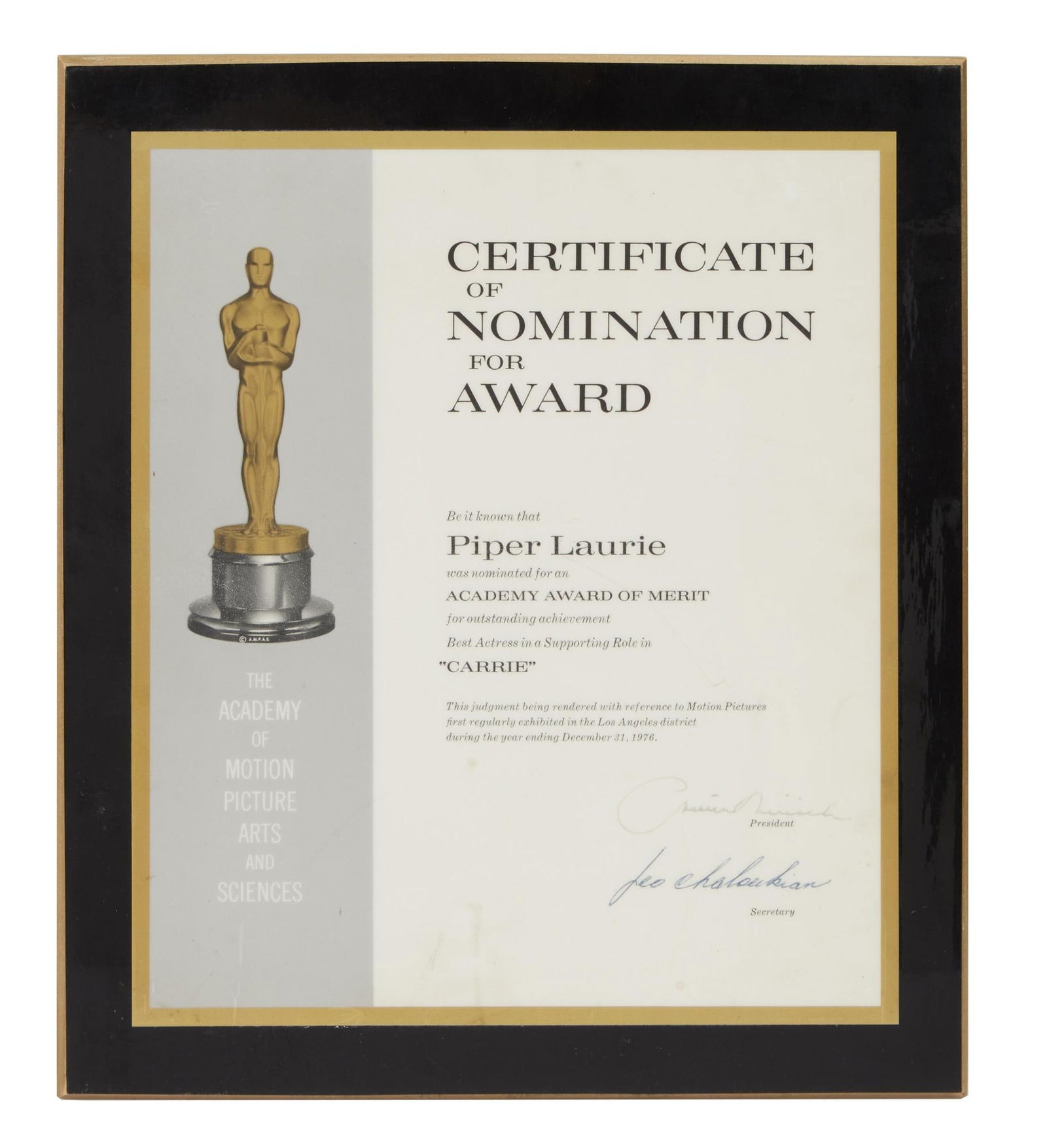 Piper Laurie | 1976 "Carrie" Academy Award Nomination Certificate (1 of 1)