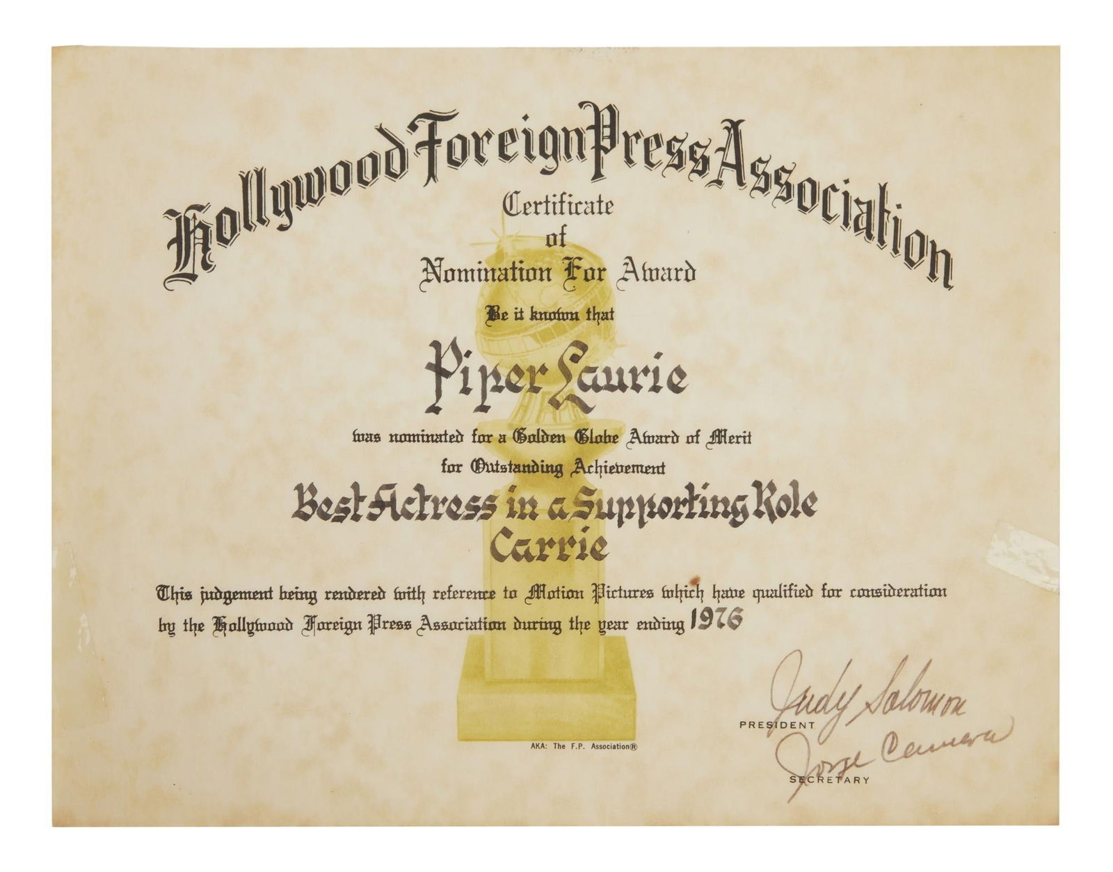 Piper Laurie | 1976 "Carrie" Golden Globes Nomination Certificate (1 of 1)