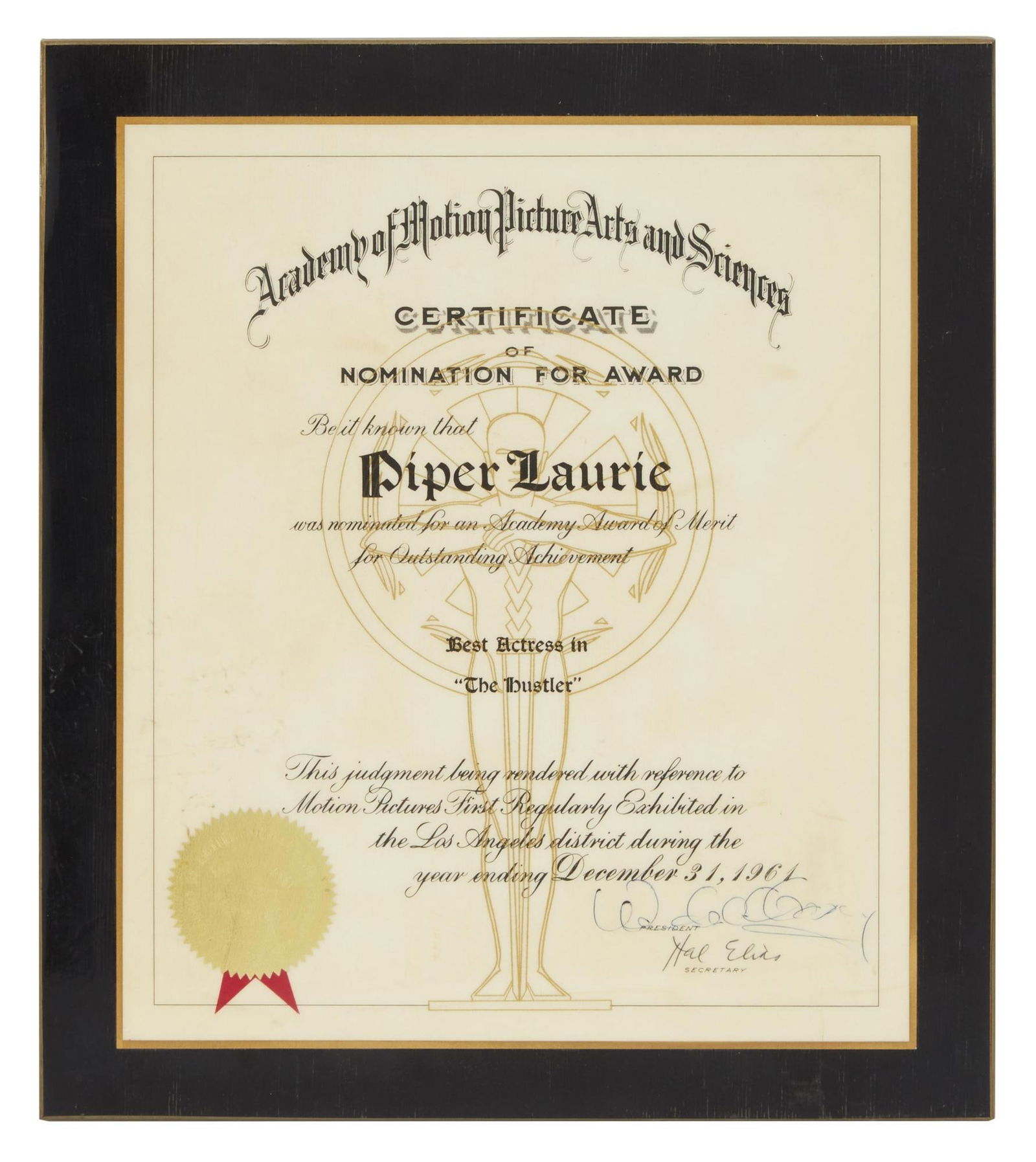 Piper Laurie | 1961 "The Hustler" Academy Award Nomination Certificate: An Academy of Motion Pictures Arts and Sciences Certificate of Nomination for Piper Laurie as Best Actress in The Hustler (20th Century Studios, 1961). PROVENANCE: Originally from the personal files o