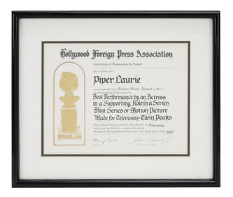 Piper Laurie | 1990 "Twin Peaks" Golden Globe Nomination Certificate
