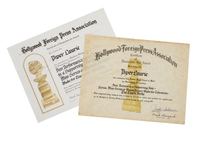 Piper Laurie | 1983 "The Thorn Birds" and 1986 "Promise" Golden Globes Nomination Certificates