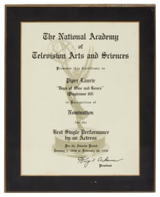 Piper Laurie | 1957 and 1958 Emmy Nomination Certificate Plaques