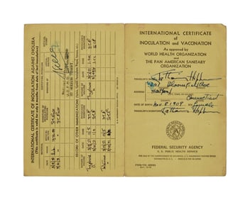 Katharine Hepburn | 1951 Thrice-Signed Vaccination Document Related to "The African Queen"
