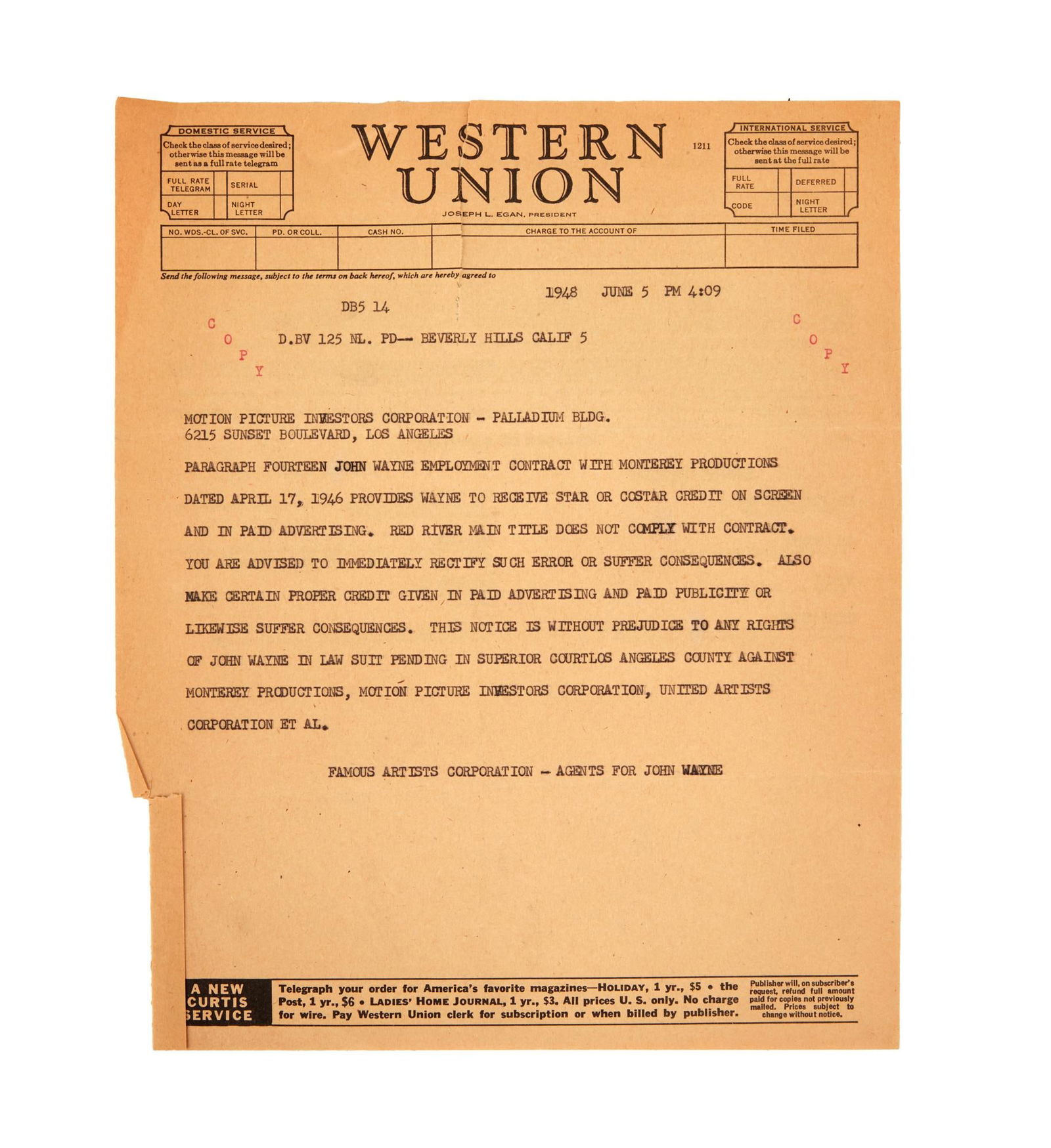 John Wayne | 1948 Memo About "Red River" (1 of 2)