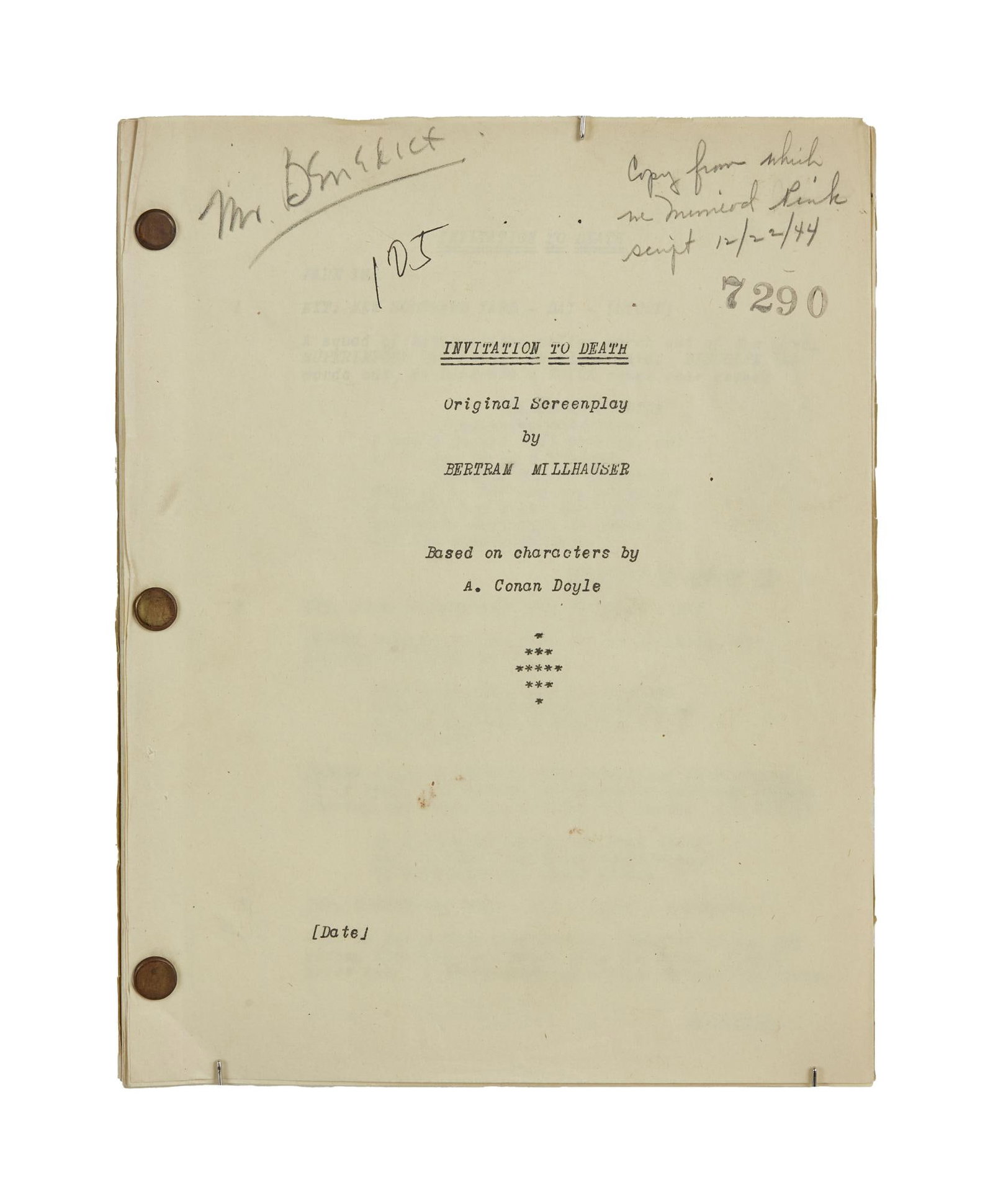 The Woman in Green | 1945 Script: Univerasl, 1945; no covers, three brad fasteners, title page notes original title "Invitation to Death", dated "12/22/44", screenplay by Bertram Millhauser ["Based on characte