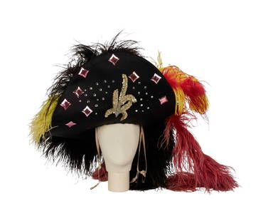 Jamie Lee Curtis | 2006 Pirate Hat Worn on Halloween: A pirate&#39;s hat with colorful feathers and a feather boa affixed to the top, worn by Jamie Lee Curtis on Halloween in 2006. The hat has a black base (its top is glittery, although largely covered w