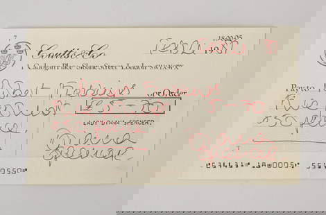Princess Diana | 1981 Signed Coutts & Co Bank Check: A bank check from Coutts & Co, dated February 21, 1981, signed by Diana Spencer, then Lady Diana Spencer, before she was married to King Charles III, then Prince of Wales. The check for five