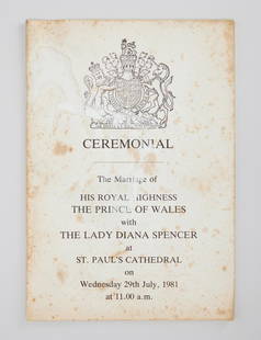 Princess Diana | 1981 Ceremonial, The Marriage of His Royal Highness The Prince of Wales with The: A paper staple-bound booklet, Ceremonial for The Marriage of HIS ROYAL HIGHNESS THE PRINCE OF WALES with THE LADY DIANA SPENCER at ST. PAUL'S CATHEDRAL on Wednesday, 29th July, 1981, at 11.00