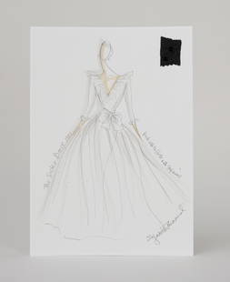Princess Diana | Contemporary Emanuel Emanuel Fashion Illustration with Fabric Swatch: A signed contemporary fashion illustration by Elizabeth Emanuel, the 1981 black Sister Dress, Princess tried on in fitting for gowns for the 1981 Goldsmiths Hall event. The illustration comes with a