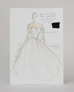 Princess Diana | Contemporary Elizabeth Emanuel Fashion Illustration with Swatch: This is a signed contemporary fashion illustration by Elizabeth Emanuel of Princess Diana's 1981 Goldsmiths Hall event-worn black strapless evening gown. This was Diana's first public