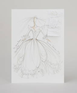 Princess Diana | Contemporary Elizabeth Emanuel Spare Wedding Fashion Illustration with Swatches: This is a signed contemporary hand-drawn fashion of Princess Diana's Spare Wedding gown, designed initially by Elizabeth Emanuel in 1981. The spare dress was never presented to Diana but was made
