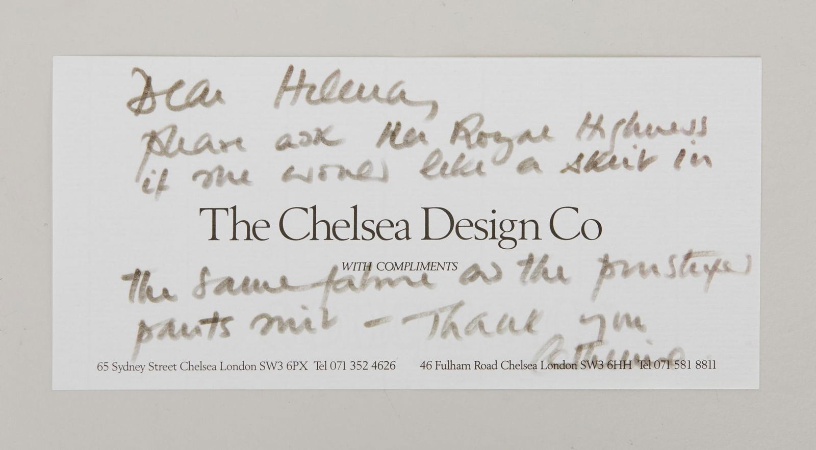Princess Diana | Catherine Walker Note to Diana's Assistant (1 of 3)