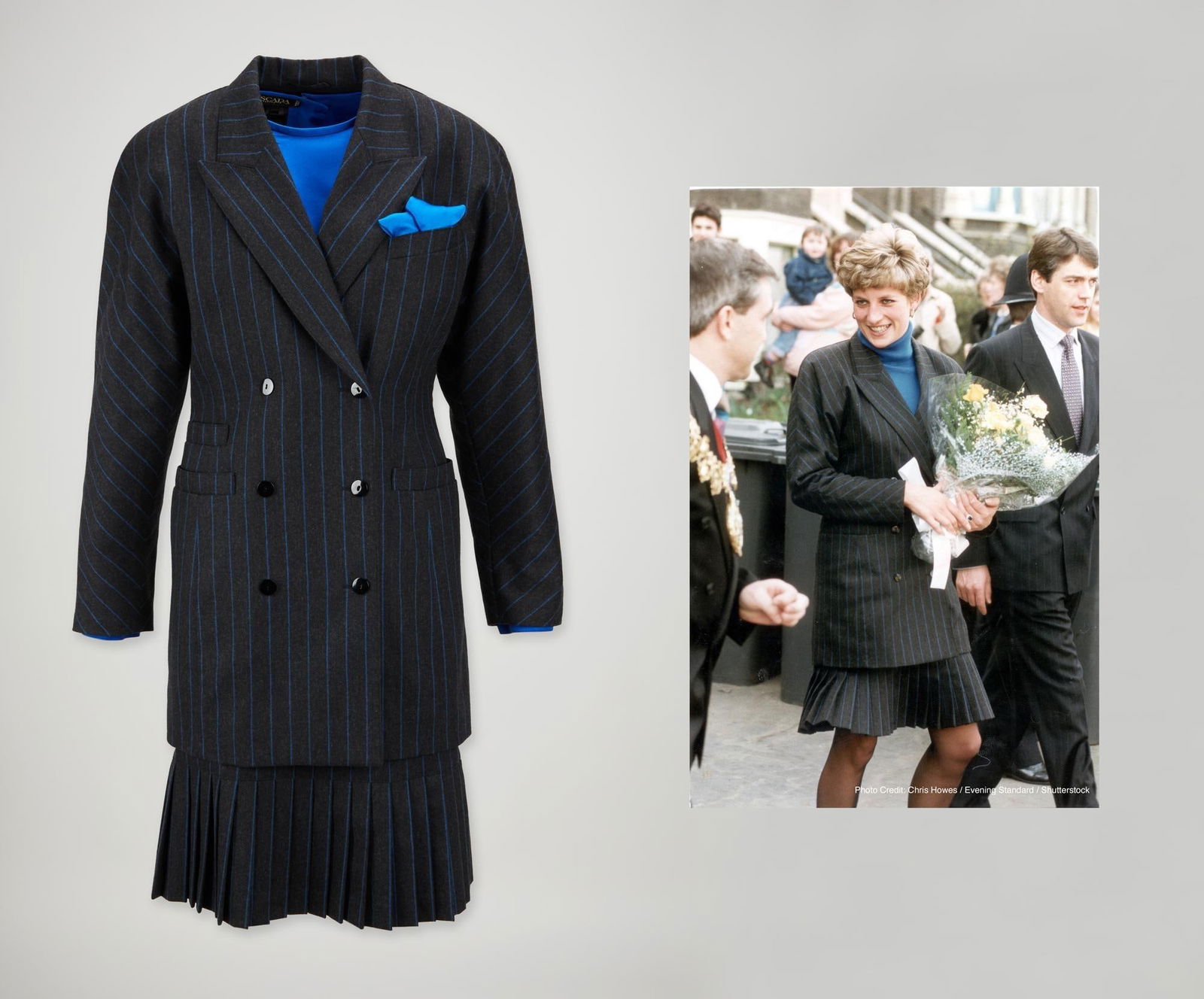 Princess Diana | Photo Worn Three-Piece Escada Suit: A three-piece Escada suit belonging to Diana, Princess of Wales. Diana was photographed wearing the suit six times for public engagements: Barnardos in London on October 18, 1988; Bayswater