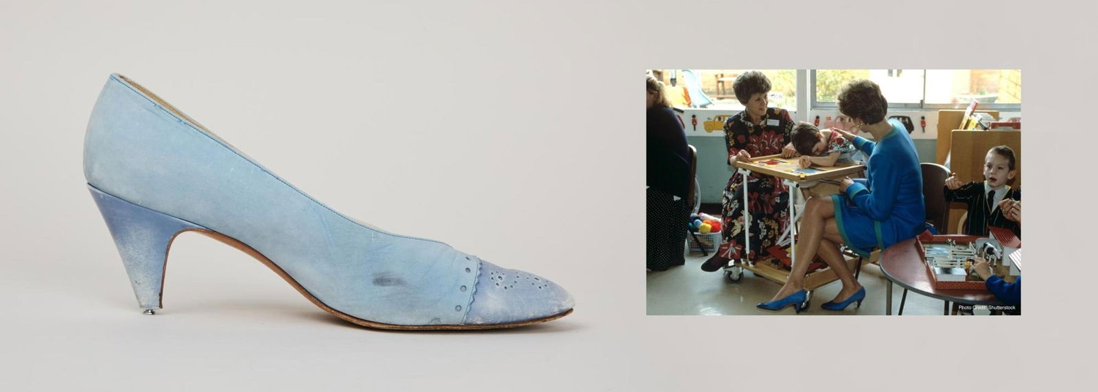 Princess Diana | 1991 Sandringham Rayne Blue Suede Pumps: A pair of pale blue suede and smooth leather pumps designed by Rayne, belonging to Diana, Princess of Wales. Diana was photographed wearing these shoes with a matching Catherine Walker skirt suit feat