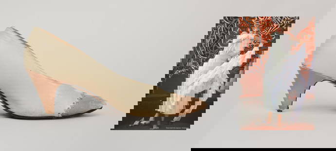 Princess Diana | 1992 Cairo Two-Tone Cream And Beige Rayne Leather Pumps (With Book): A pair of two-tone leather pumps with a medium-sized heel, designed by Rayne, belonging to Diana, Princess of Wales. Princess Diana was photographed wearing these shoes on an official visit to Cairo,