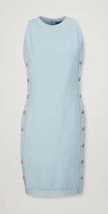 Princess Diana | Pale Blue Gianni Versace: An ice blue silk sleeveless shift dress designed by Gianni Versace, belonging to Diana, Princess of Wales. A fitted sheath-style evening dress composed of ice blue silk with gold-tone buttons th