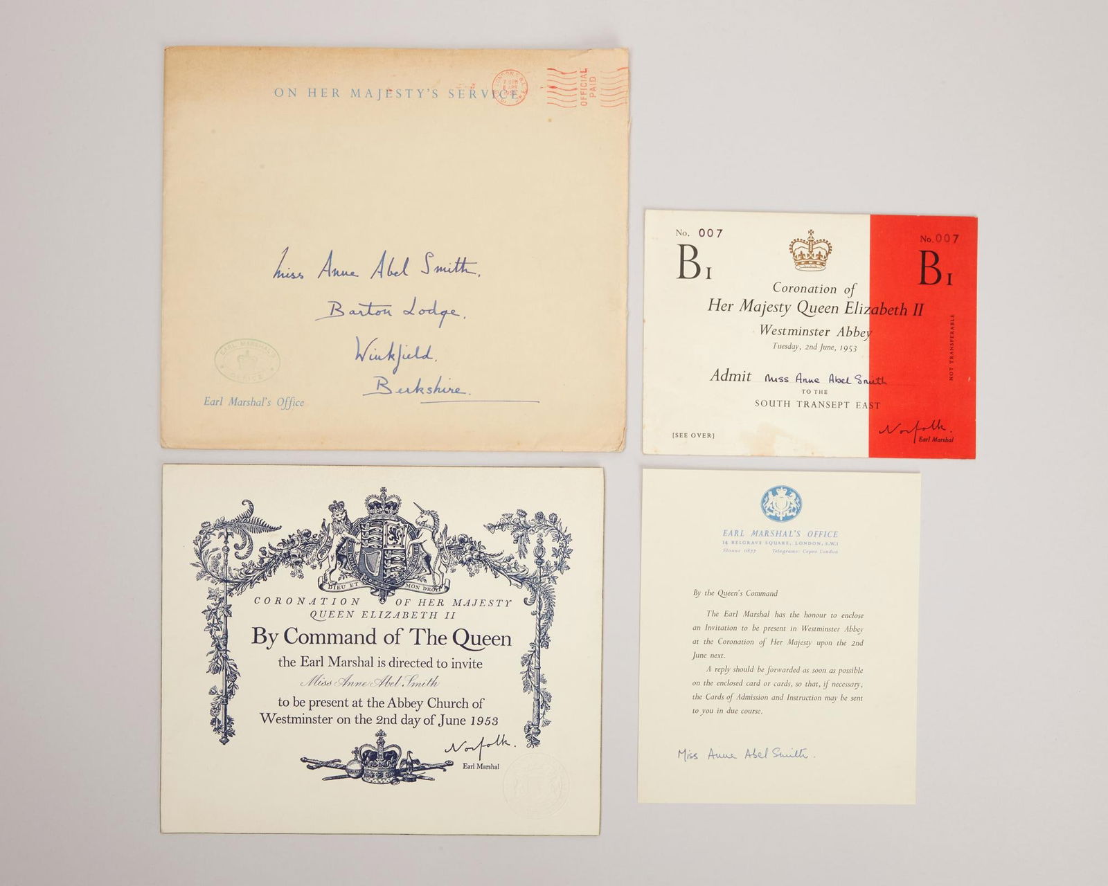 Queen Elizabeth II | 1953 Coronation Invitation and Admission Card To Miss Anne Abel Smith (1 of 4)