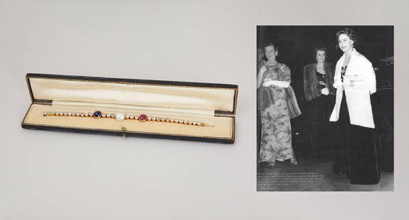 Princess Margaret | Antique Russian Diamond, Natural Pearl, Ruby, and Sapphire-Set Bracelet (With: An antique Russian diamond, natural pearl, ruby, and sapphire bracelet belonging to Princess Margaret, Countess of Snowden. Princess Margaret was photographed wearing the bracelet at the Aid of the St