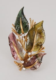 Countess of Harewood | Circa 1940s 18K Gold Carved Tourmaline, Diamond Brooch