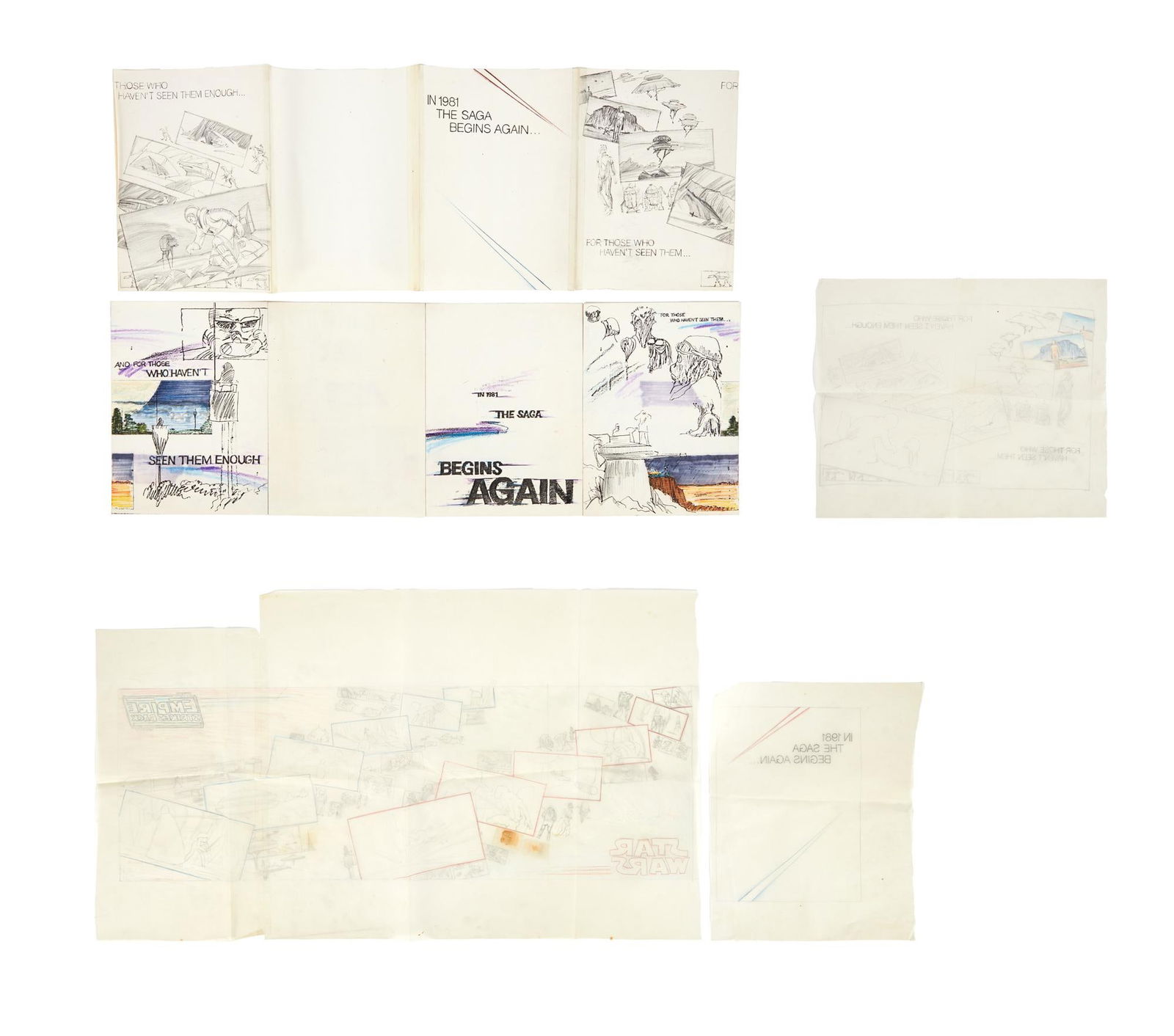 Star Wars: The Empire Strikes Back | Re-Release Theatrical Program Mock-Up and Sketches: A group of theatrical program mock-ups and sketches from the 1981 re-release of Star Wars: Episode V - The Empire Strikes Back (Lucasfilm Ltd., 1980). The group includes two versions of the