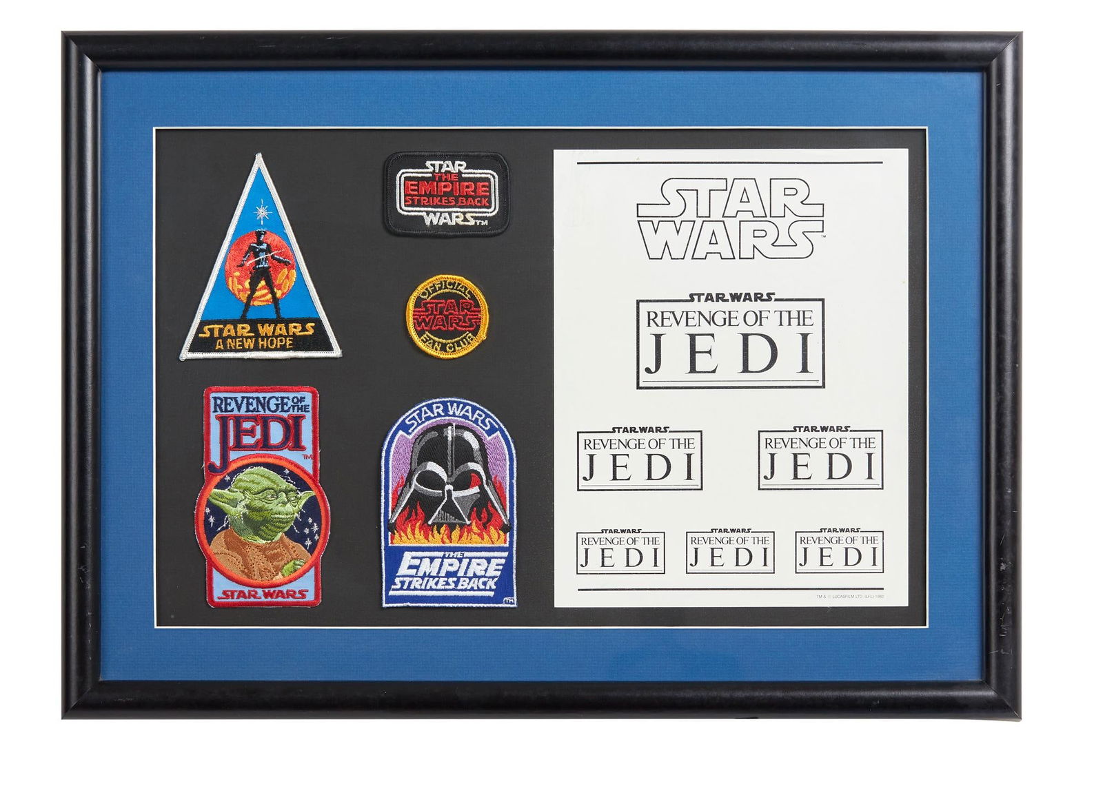 Star Wars: Revenge of the Jedi | Framed Patches with Logos: A framed display of patches for Star Wars: Revenge of the Jedi, the early pre-release title for Star Wars: Episode VI - Return of the Jedi (Lucasfilm Ltd., 1983). The display features&n