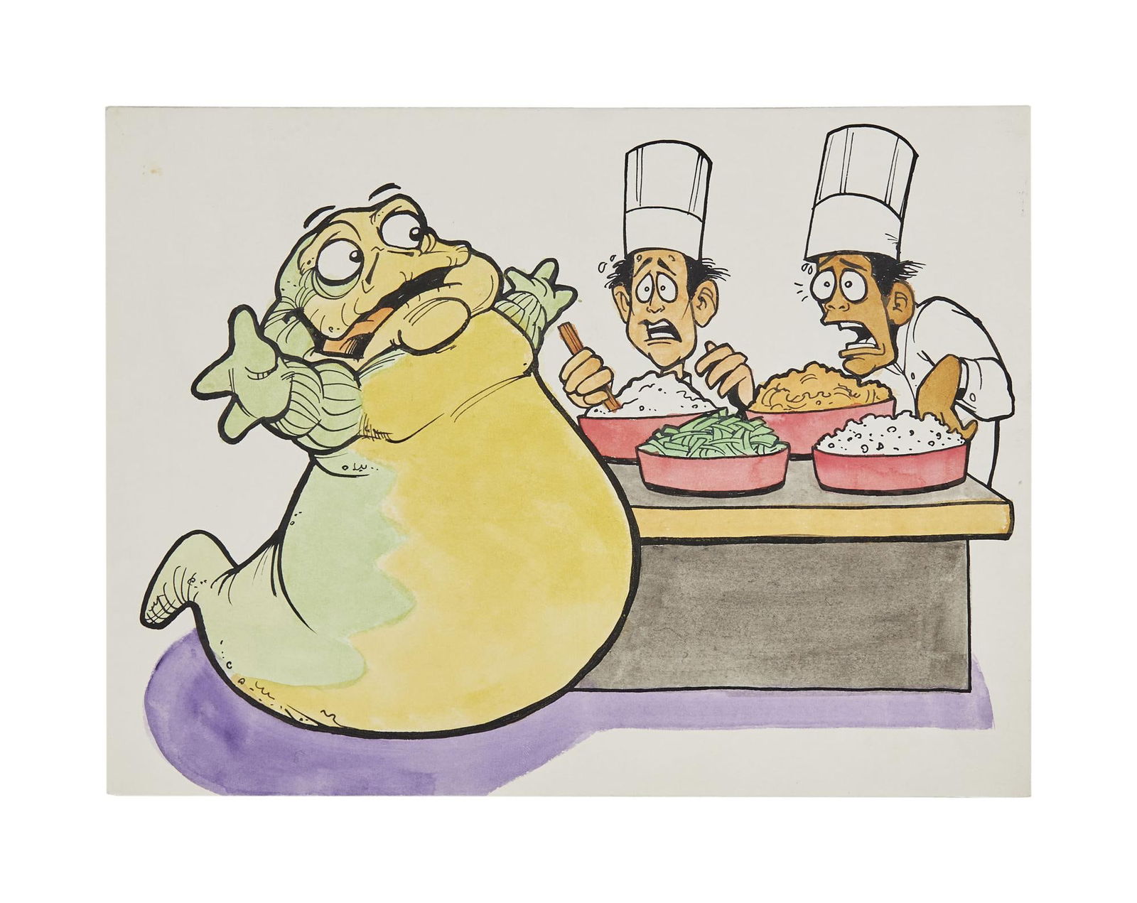 Star Wars | "Jabba the Hutt at All You Can Eat Buffet" Original Randy Martinez Artwork: An original marker on board illustration by Randy Martinez, circa 2004, depicting Jabba the Hutt at an "all you can eat" buffet. Created for usage in, and this auction includes a copy of, St