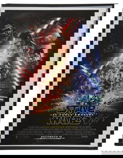 Star Wars: The Force Awakens | Cast-Signed Poster: A one-sheet poster for Star Wars: The Force Awakens (Lucasfilm, Ltd., 2015). Signed by director JJ Abrams and actors Harrison Ford, Carrie Fisher, Daisy Ridley, John Boyega, Adam Driver, Lupita Nyong&