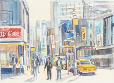 Larry King | 1990s Small Watercolor of a New York City Street Scene