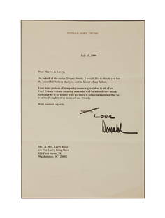 Larry King | 1999 Donald Trump Signed Letter: A single page of personalized stationery; typed, dated &quot;July 15, 1999&quot;, reading in part &quot;...I would like to thank you for / the beautiful flowers that you sent in honor of my father&quo