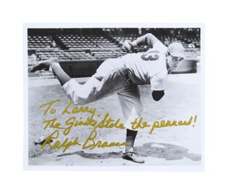 Larry King | 2000s Ralph Branca Signed Black and White Photograph