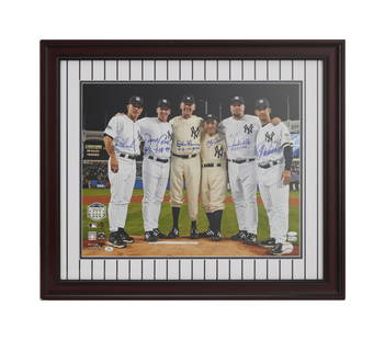 Larry King | 2000 Yankees Signed Color Photograph: An oversized piece; depicting an image of six smiling Yankees in uniform standing in the stadium; signed by each in blue felt-tip ink including (from left to right): Joe Girardi, David Cone, Don Larse