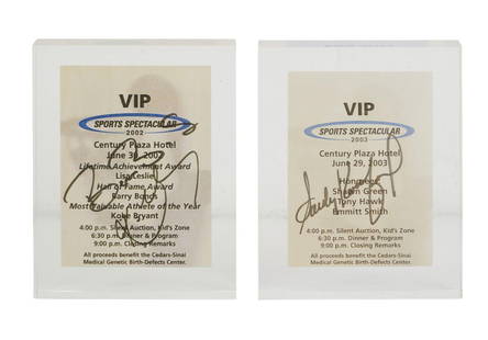 Larry King | 2002-2003 Barry Bonds, Kobe Bryant and Sandy Koufax Signatures: A group of two pieces; the first King&#39;s VIP pass from the 2002 Sports Spectacular charity event that took place in Los Angeles signed in black felt-tip ink by Barry Bonds and Kobe Bryant, encased