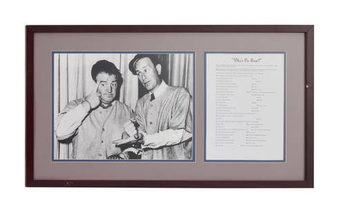 Larry King | 2000s "Who's On First" Display: A black and white image of Bud Abbott and Lou Costello wearing baseball uniforms matted next to a typed page of text outlining the hysterical &quot;Who&#39;s on First&quot; routine made famous by this
