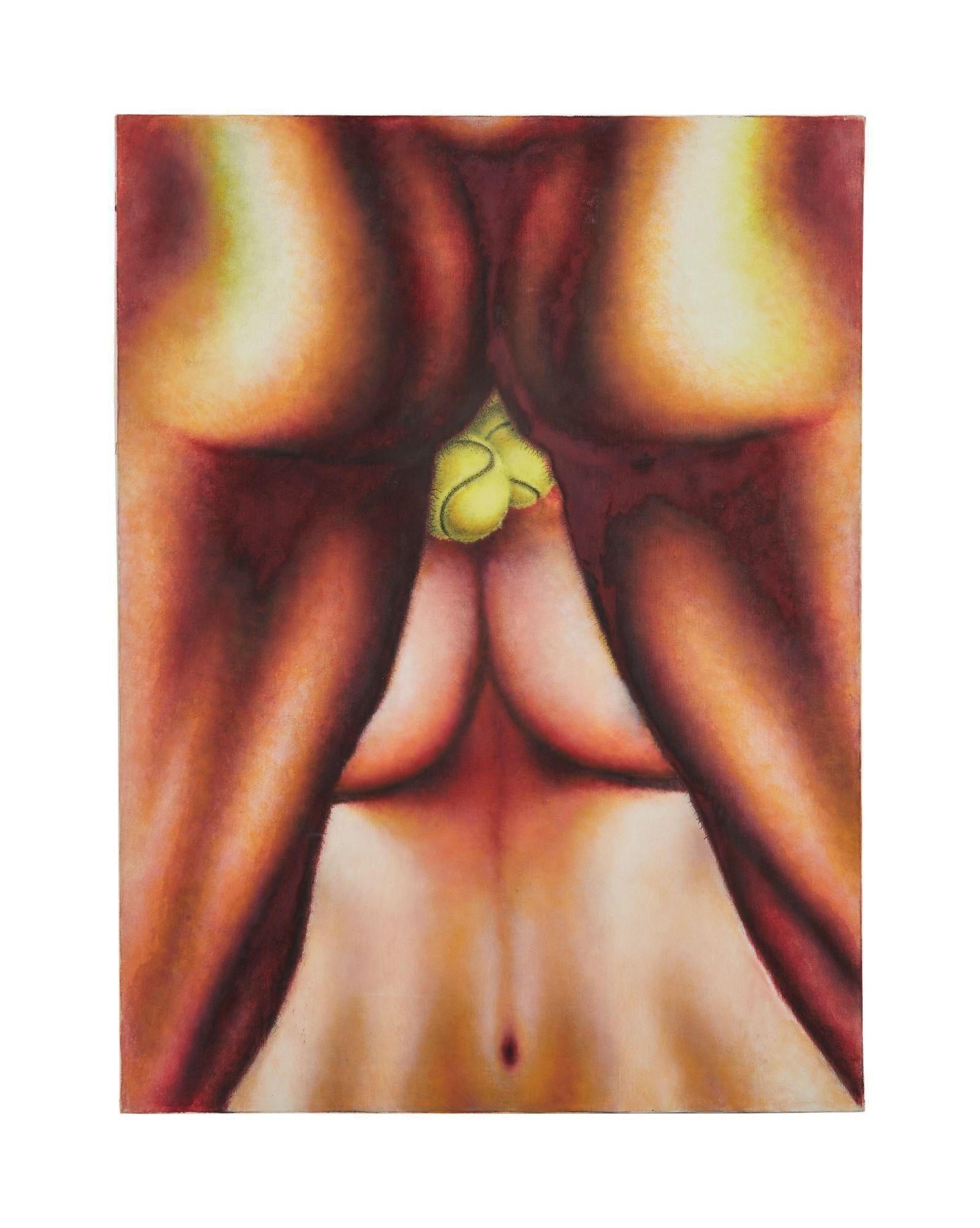Playboy | Ed Paschke Nude Couple with Tennis Balls Painting: Ed Paschke (American, 1939-2004) oil on linen painting titled "Tennis con Amore," signed and dated verso, Playboy stamp on canvas verso. This painting appeared on page 91 of the May 1976 edi