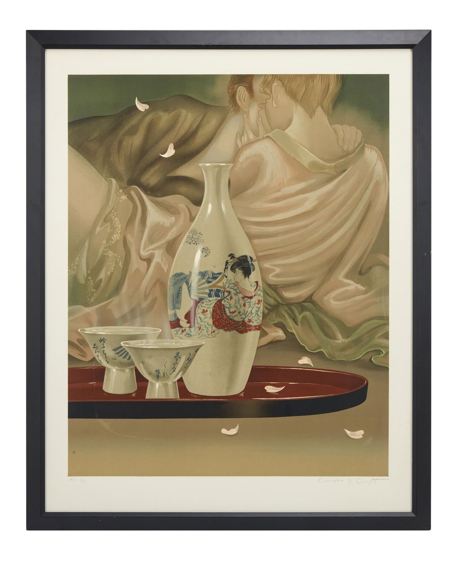 Playboy | Kinuko Craft Lovers and Sake Print: Kinuko Craft (American, b. 1940) color lithograph on paper print, titled "An Ancient Morning,"signed lower right, jated 1982, edition number H.C. 1/12. Sight: 32 x 26 inches; Framed: 41 x 33