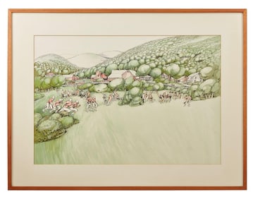 Playboy | Paul Williams Landscape with Football Players Watercolor Drawing