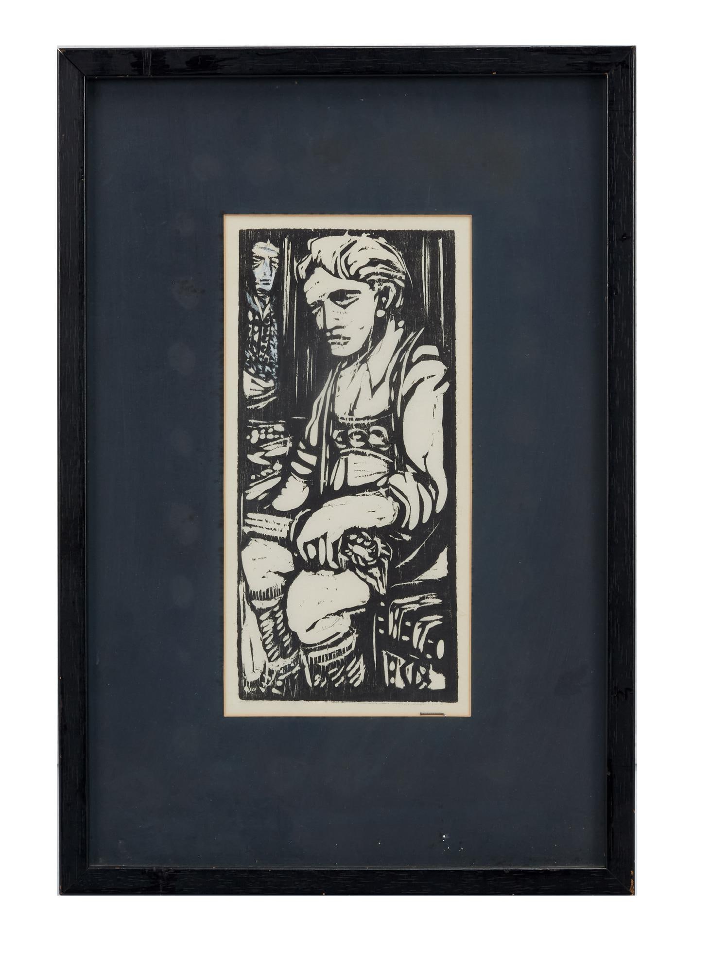 Playboy | Richard Tyler Seated Man Woodblock Print: Richard Tyler (American, 20th century) woodblock print of a seated man. This artwork appeared on page 155 of the January 1964 issue of Playboy Magazine, illustrating the fiction story by Frederic Mort