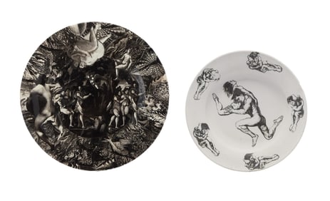 Playboy | Two Plates, One White Ceramic, One Black Papier Mache
