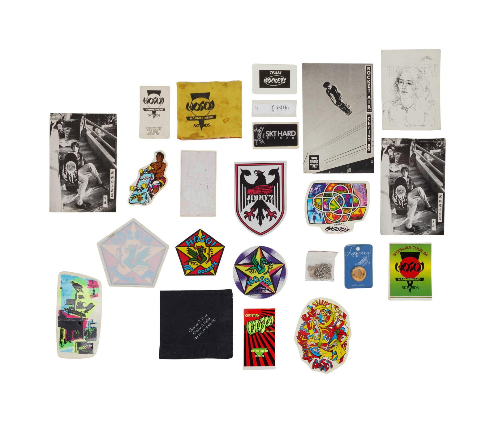 Hosoi | Christian Hosoi Vintage Stickers and Ephemera: A collection of 13 vintage Christian Hosoi related stickers, together with an original Hammerhead Skateboards "Christian Hosoi" business card; a napkin and invite to Hosoi's 21st birthda