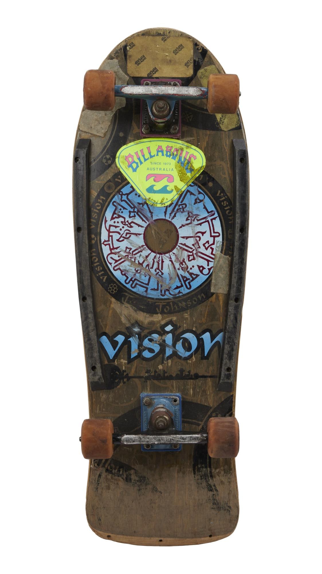 Vision | Joe Johnson "Hieroglyphics" Skateboard: A vintage Vision brand Joe Johnson "Hieroglyphics" skateboard, with Motoboard International brand trucks and Bullet brand wheels. 30.25 x 10.25 inches