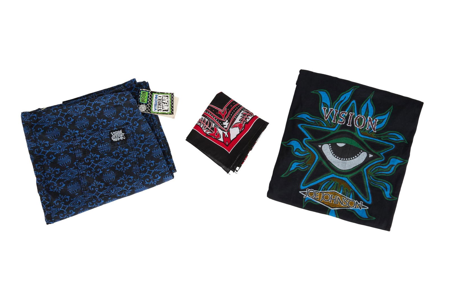 Vision | Vintage Pants, T-Shirt, and Bandana: A vintage pair of Vision Street Wear brand "Thrashdyed" pants with original tags (size L), and a vintage Vision Street Wear brand "Joe Johnson" shirt (size M), together with a vint