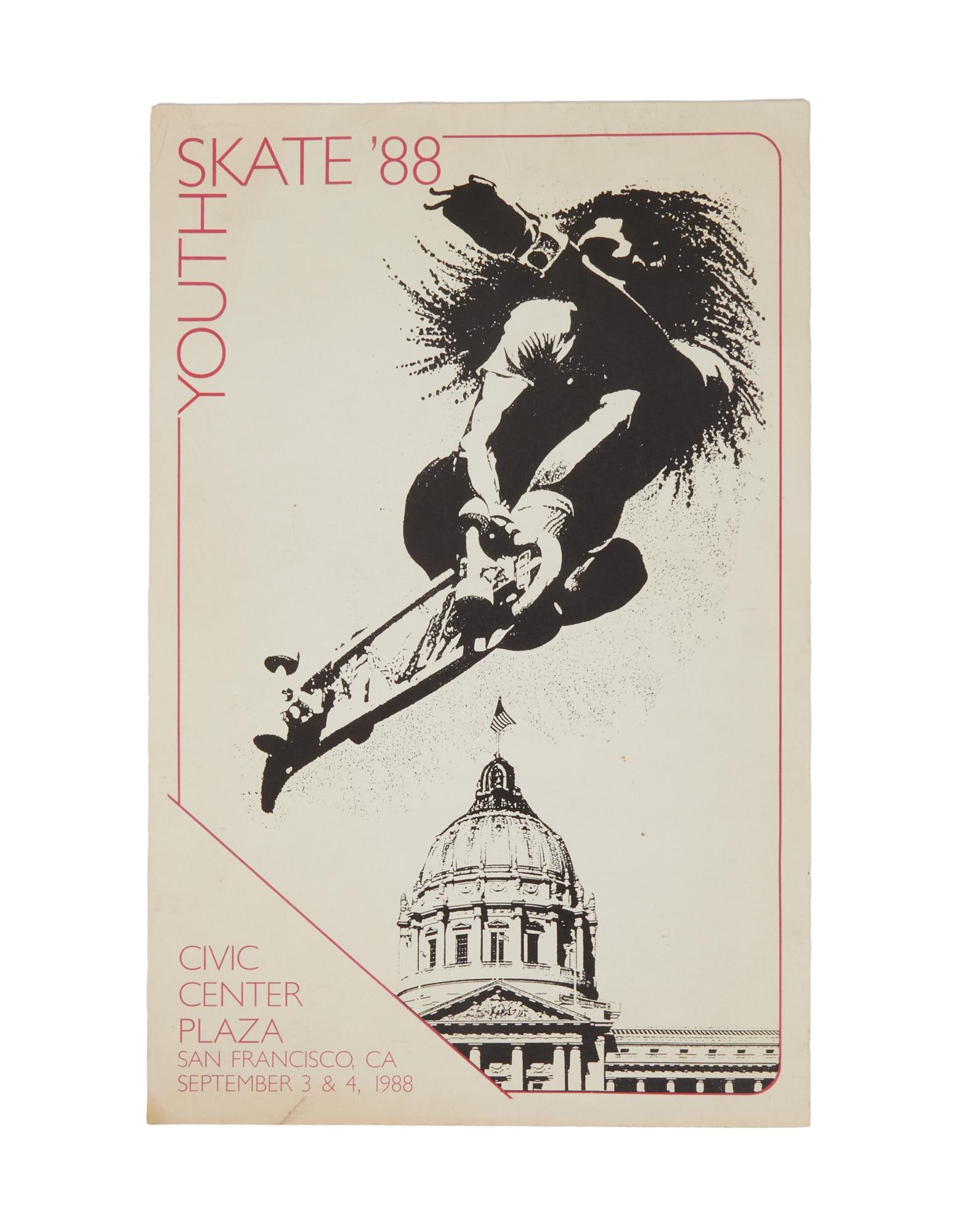 Vintage 1988 San Francisco "Youth Skate" Poster: A vintage poster advertising the "Youth Skate" event held at the Civic Center Plaza in San Francisco, on September 3 and 4, 1988. 11 x 11 inches