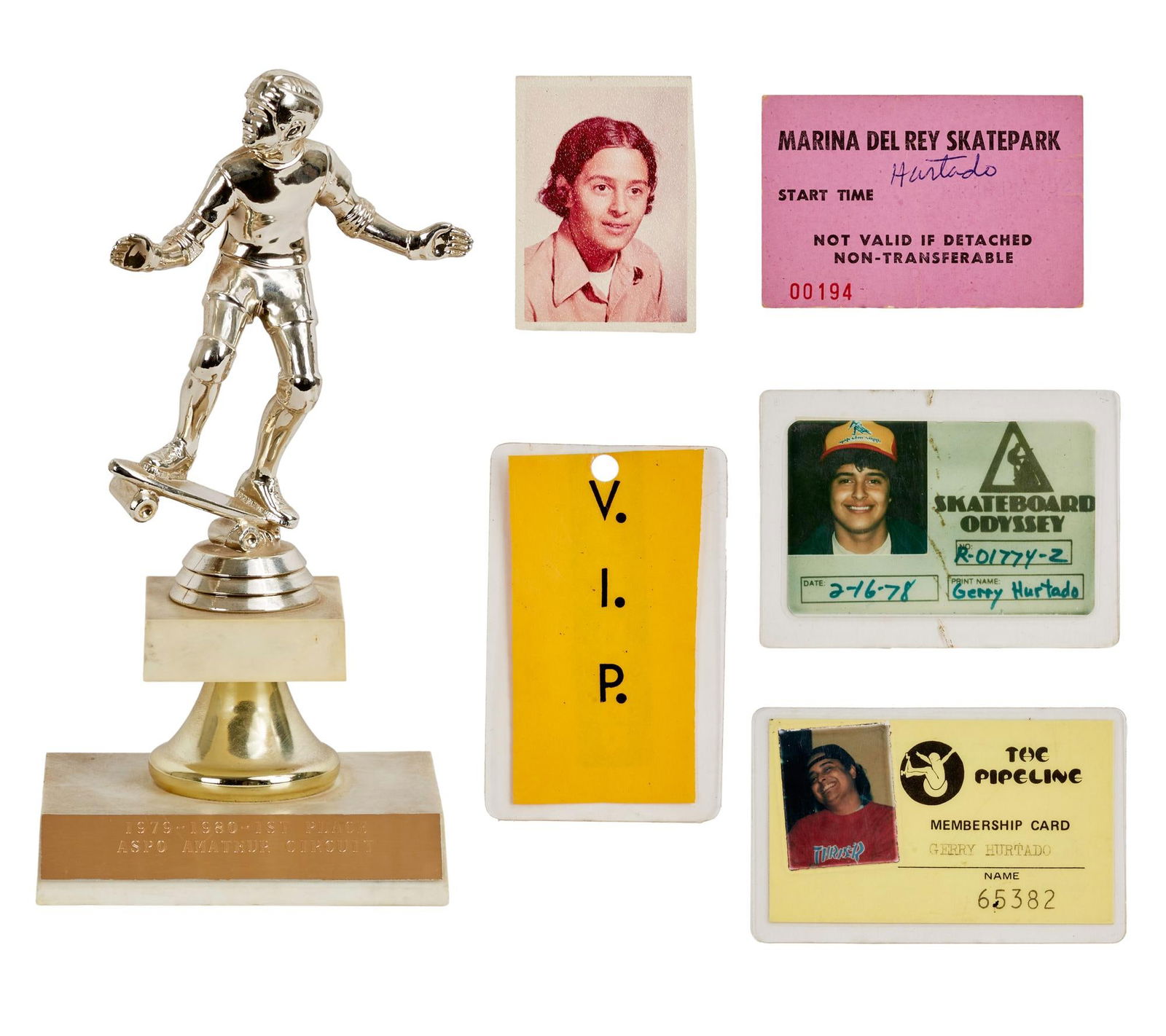 Skatemaster Tate | 1980 ASPO Trophy and Original Skatepark ID Cards (B) (1 of 13)