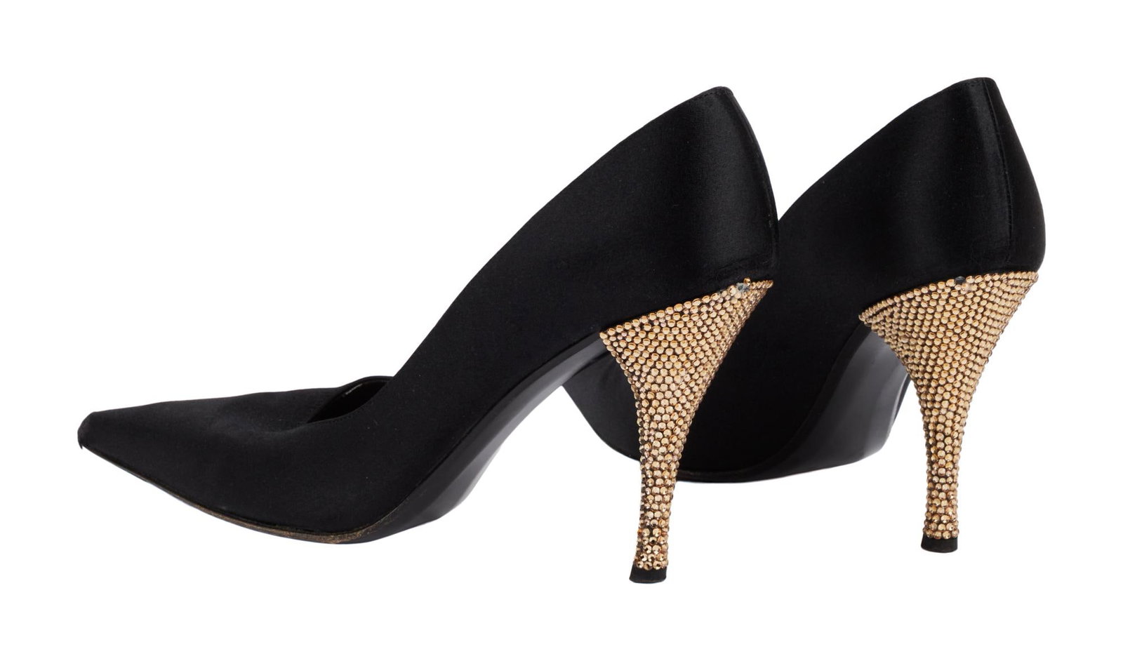 Joan Rivers | Stage-Worn Gold-Tone Rhinestone Heels: A pair of Stuart Weitzman high heels, stage-worn by Joan Rivers, with gold-tone rhinestone heels, black fabric uppers, and leather soles (exhibiting significant wear from use). Rivers wore these shoes